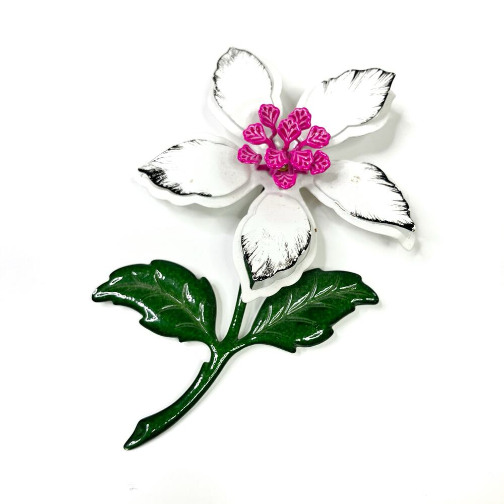 Vintage Enamel Metal White and Fuschia Flower Brooch Pin